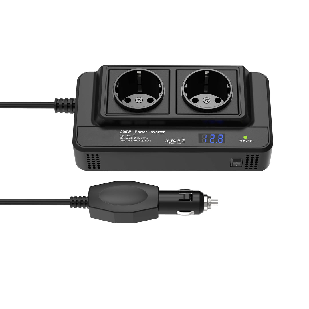 Kompakt biladapter 200W – Dobbelt stikkontakt & fire USB-porte