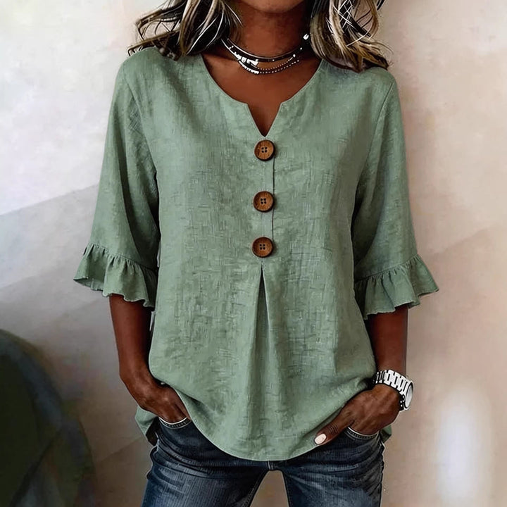 Summer Ruffled-Sleeve Top Loose Casual V-Neck Buttons Short-sleeved Shirts Women's Clothing