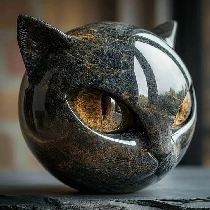 NoirCat-skulptur – Sort Kattehoved med Hypnotiske Øjne
