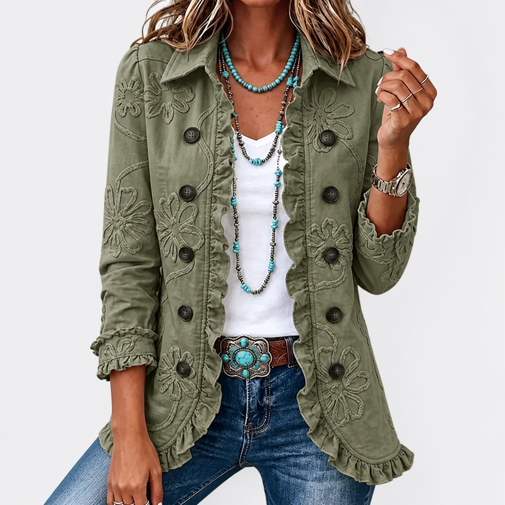 Blomsterbroderet utility-jakke – vintage-boho-stil med flæsekanter