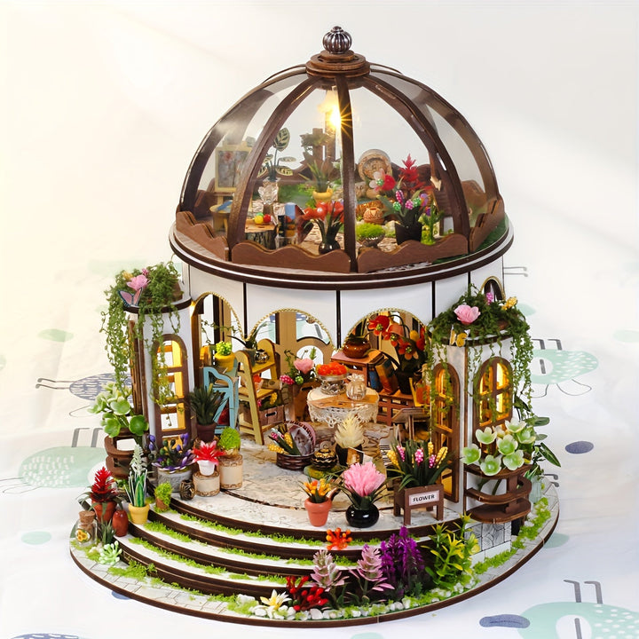 Miniature blomsterhus – 3D-trepuslespil med LED-belysning og detaljeret have