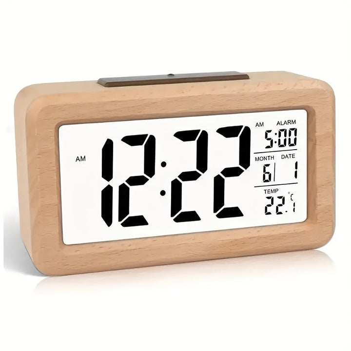 Digitalt ur i træ – LED-display med temperatur og dato