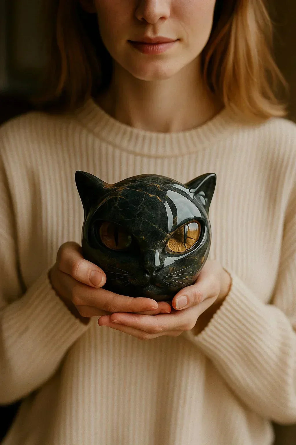 NoirCat skulptur – sort kattehoved med hypnotiske øjne