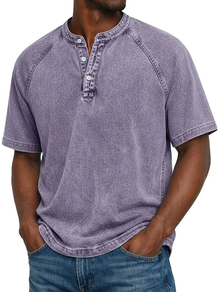 Kortærmet fritids-T-shirt til mænd med raglanærmer i vasket henley-stil