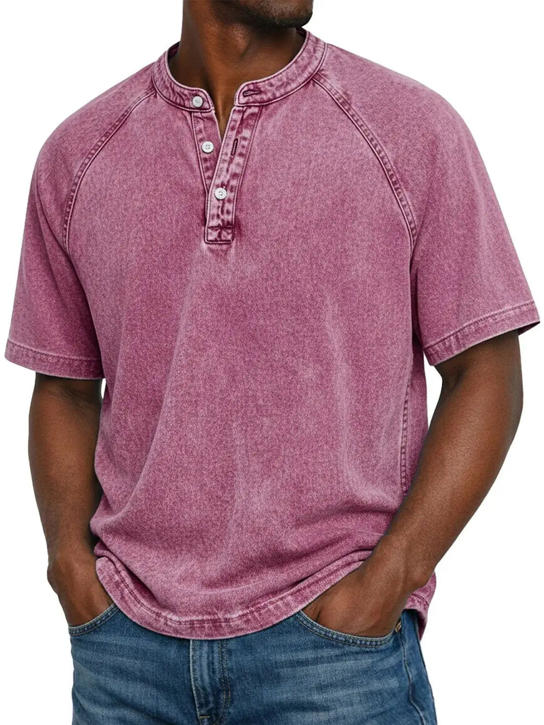 Kortærmet fritids-T-shirt til mænd med raglanærmer i vasket henley-stil