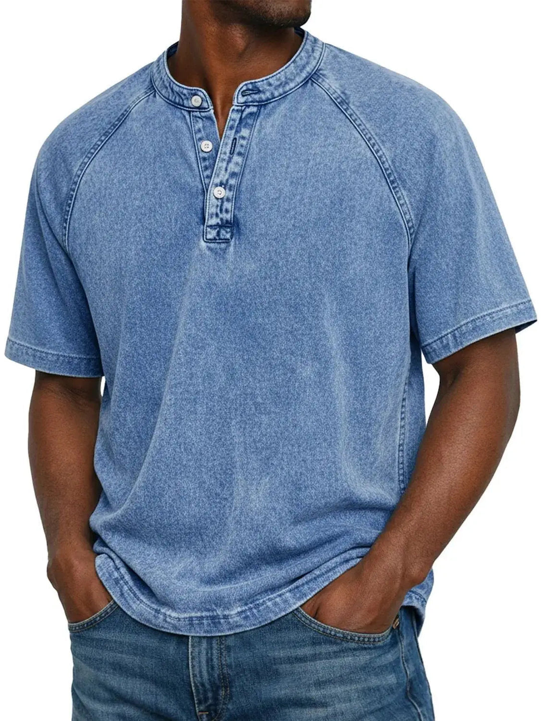 Kortærmet fritids-T-shirt til mænd med raglanærmer i vasket henley-stil
