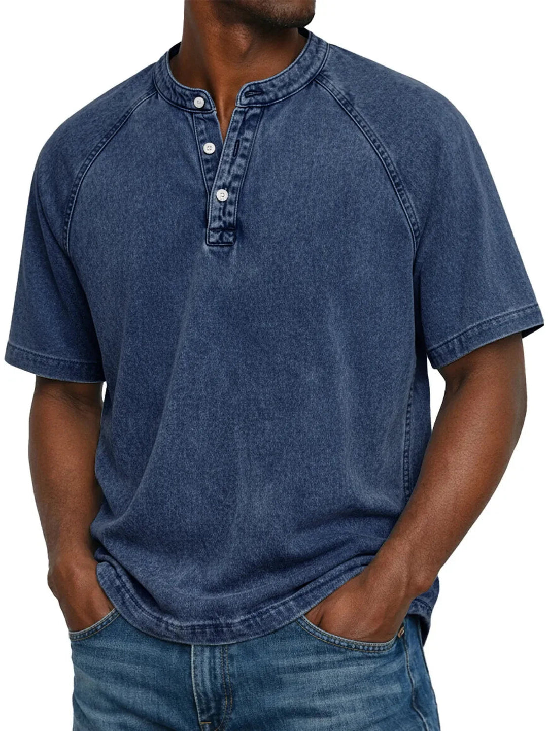 Kortærmet fritids-T-shirt til mænd med raglanærmer i vasket henley-stil