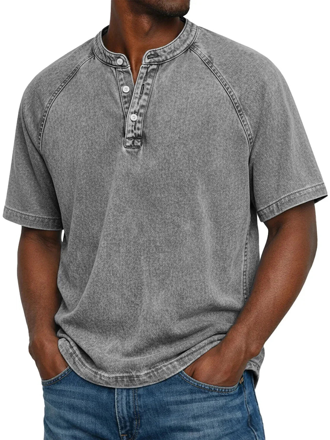 Kortærmet fritids-T-shirt til mænd med raglanærmer i vasket henley-stil