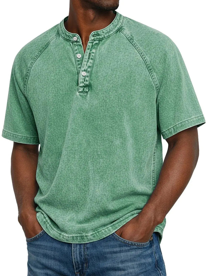 Kortærmet fritids-T-shirt til mænd med raglanærmer i vasket henley-stil