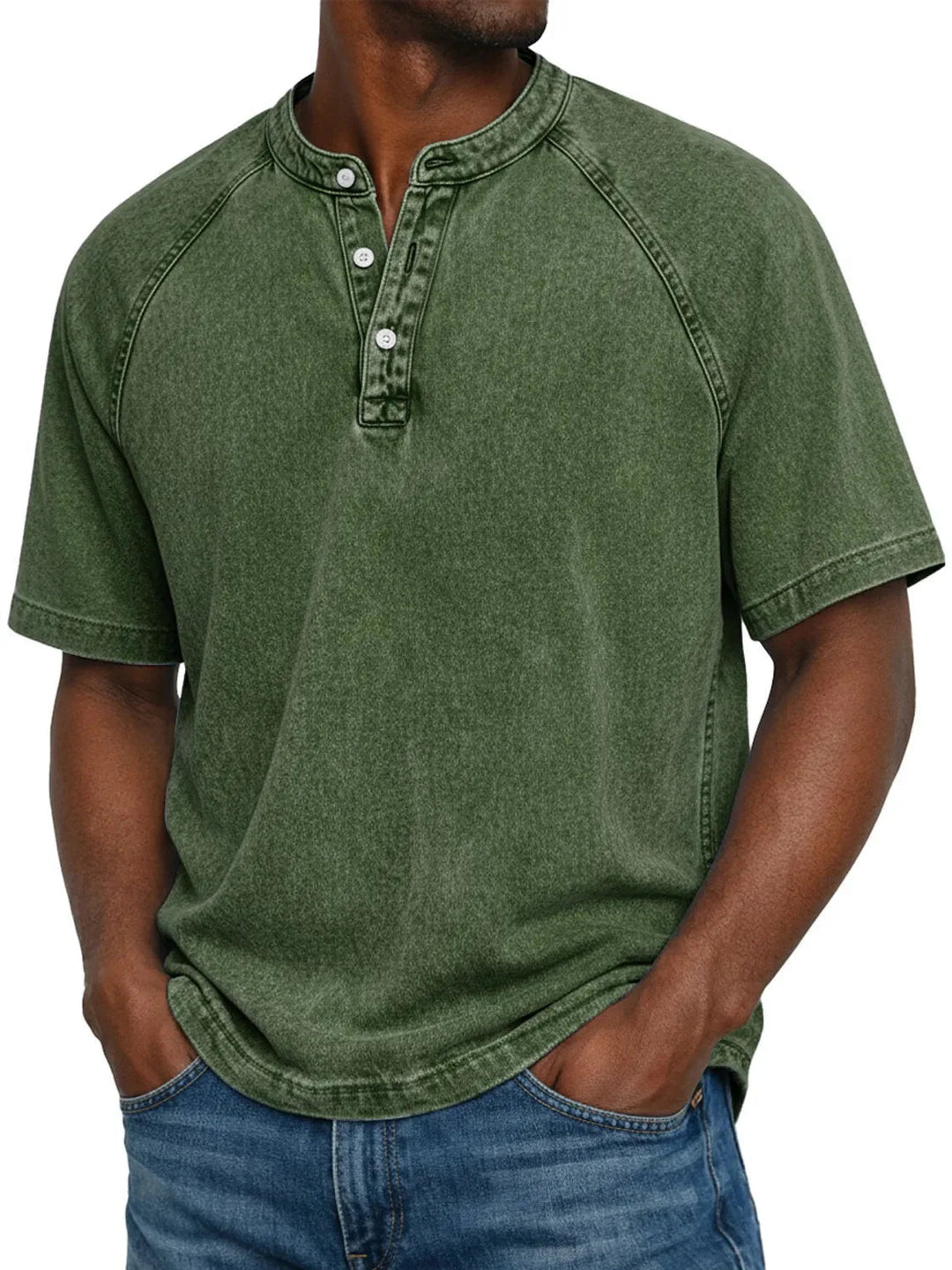 Kortærmet fritids-T-shirt til mænd med raglanærmer i vasket henley-stil