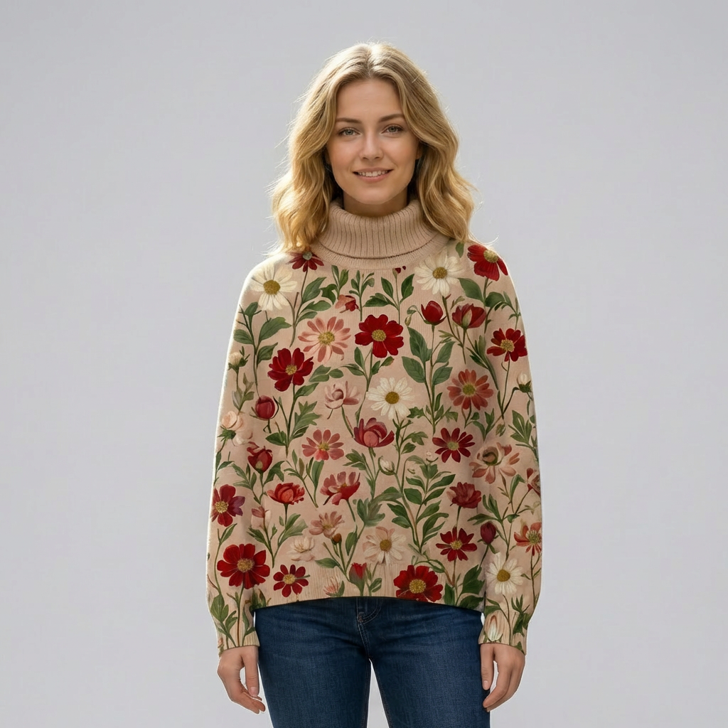 Vintage julekunstprint strikket rullekrave-pullover