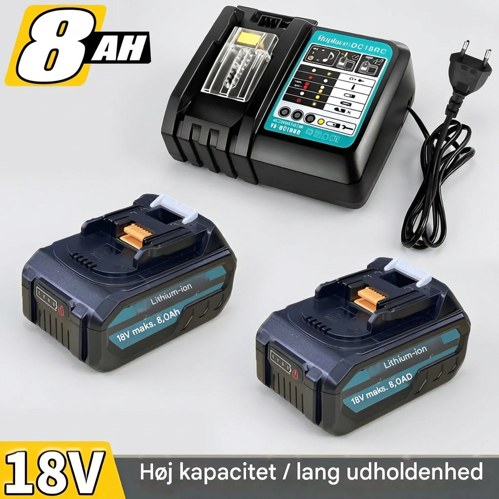 2×8,0 Ah 18V reservebatterier + oplader