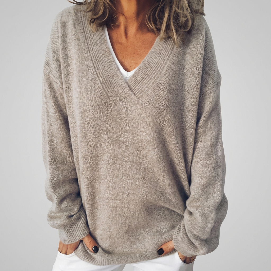 Abrikosfarvet V-hals Langærmet Sweater