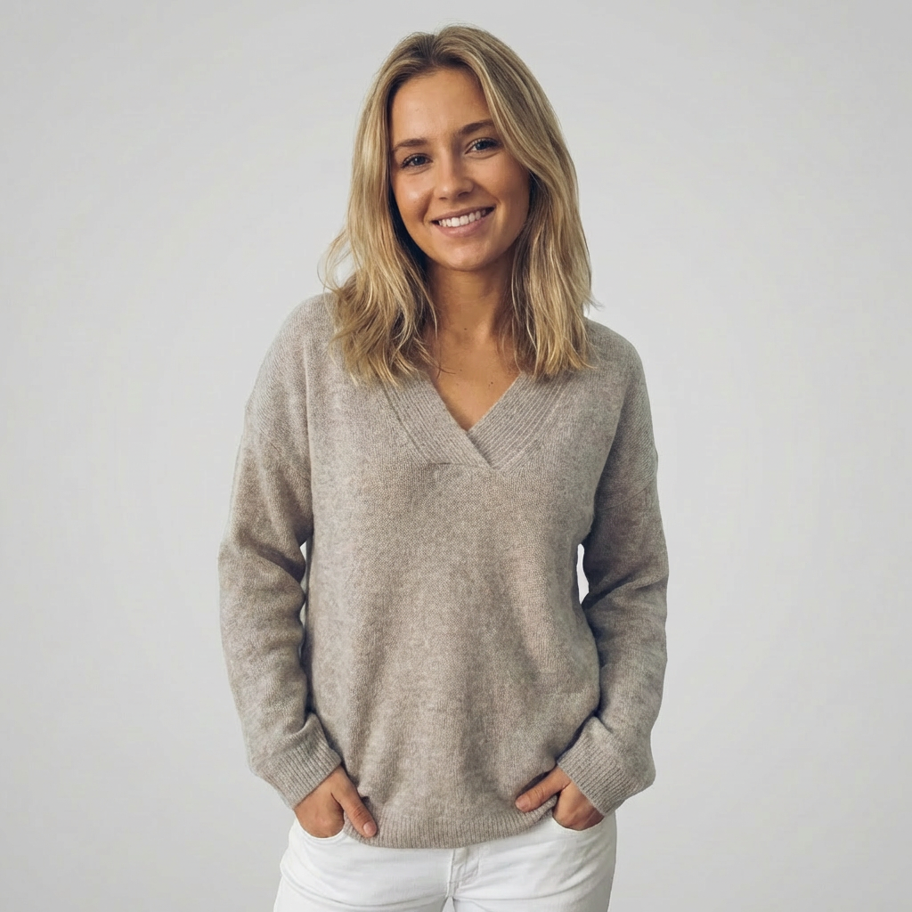 Abrikosfarvet V-hals Langærmet Sweater