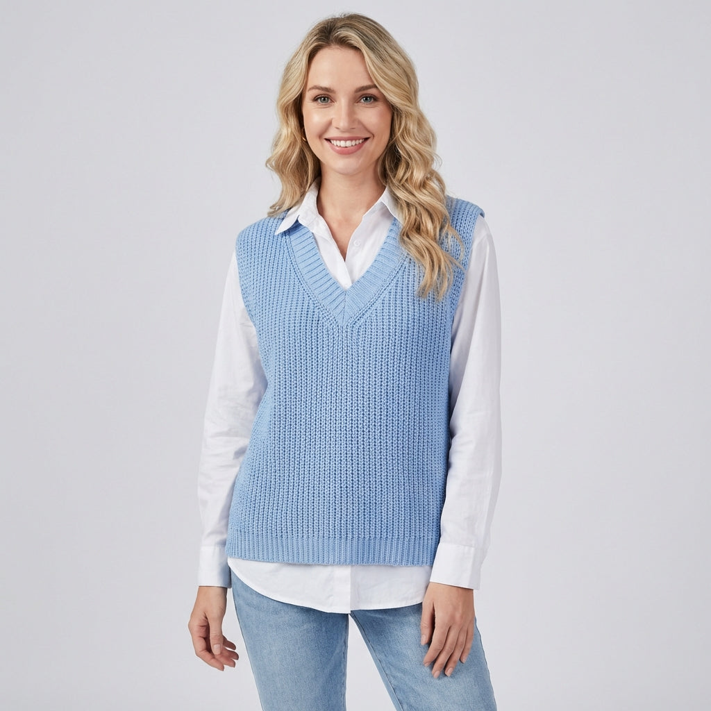 Blå ærmeløs sweater med V-hals til kvinder