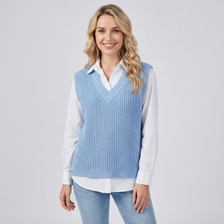 Blå ærmeløs sweater med V-hals til kvinder