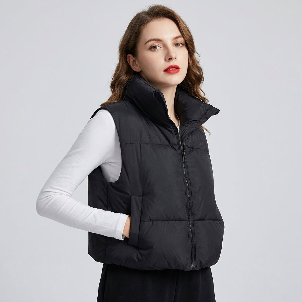 Let puffer-vest til kvinder – Ærmeløs vest med lynlås og stand-up krave