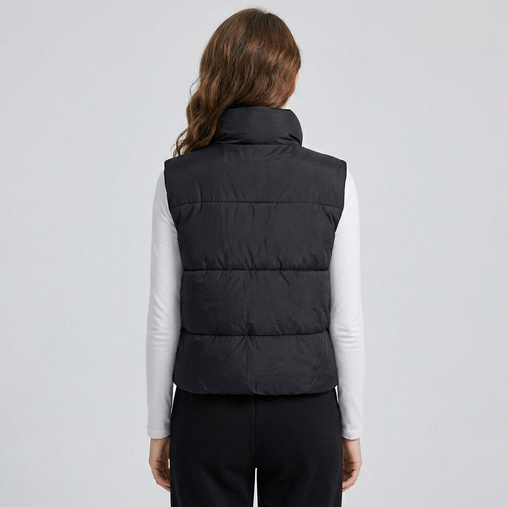 Let puffer-vest til kvinder – Ærmeløs vest med lynlås og stand-up krave