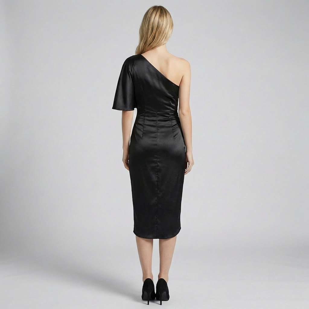 Midikjole i satin med en-skulder-design og elegante flæser