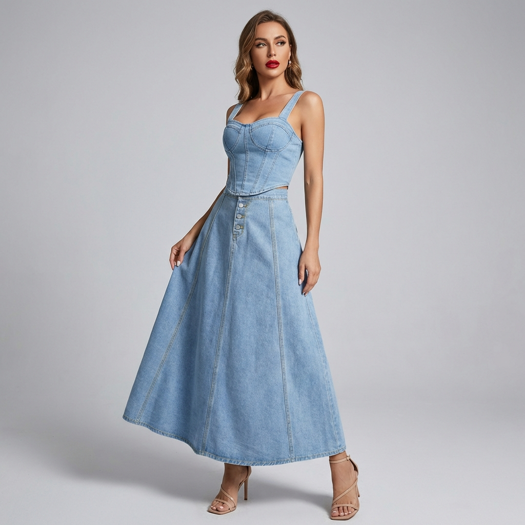 Denim A-line nederdel til kvinder med knaplukning