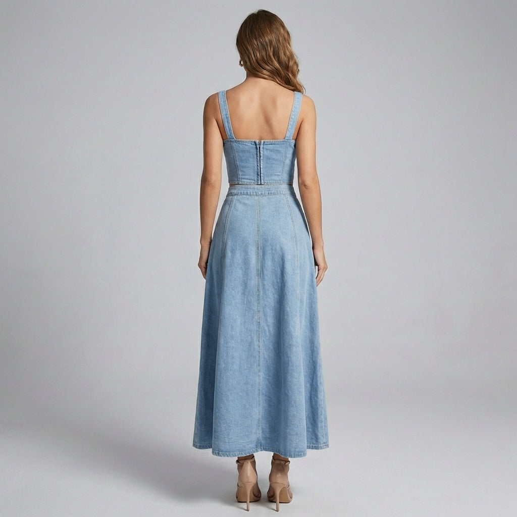 Denim A-line nederdel til kvinder med knaplukning