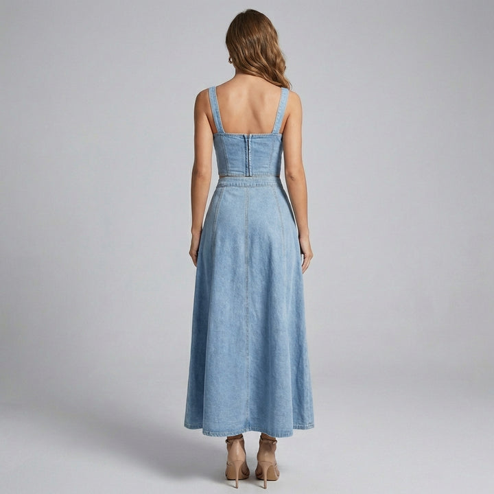 Denim A-line nederdel til kvinder med knaplukning