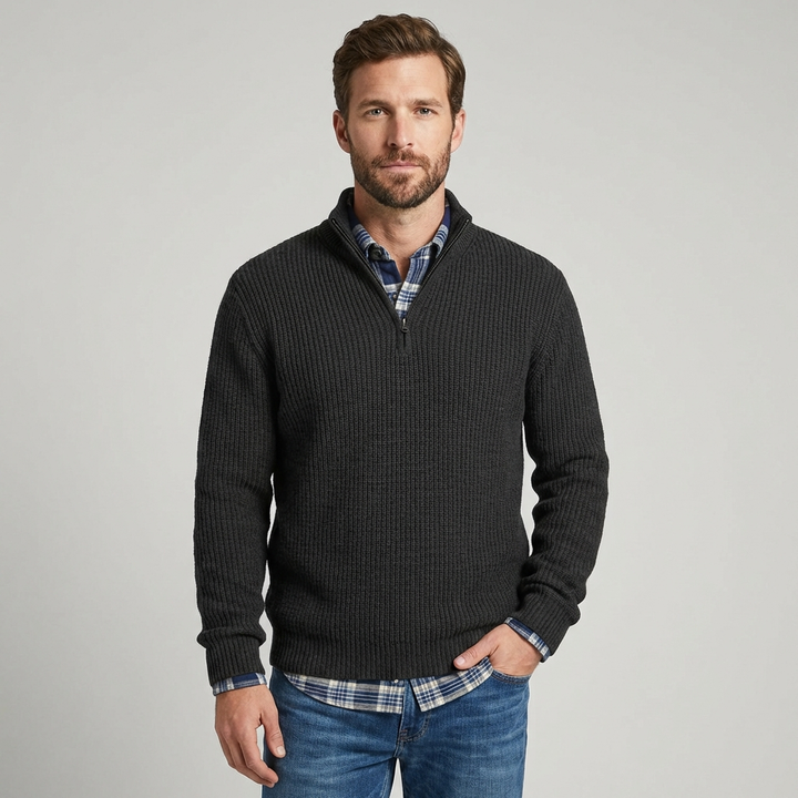 Herre Ribbet Strikpullover med Halv-Zip Krave