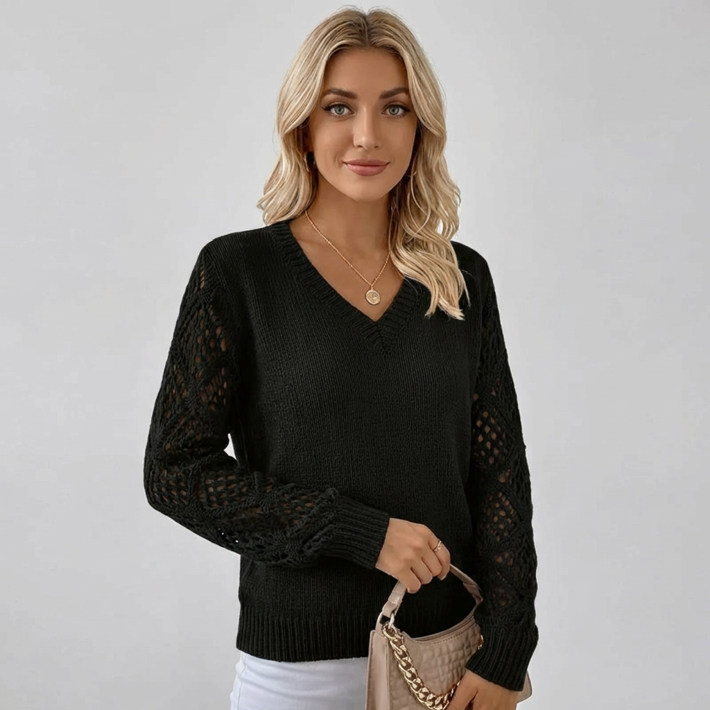 Kvindernes Fine Strik Sweater med V-Hals og Lange Ærmer