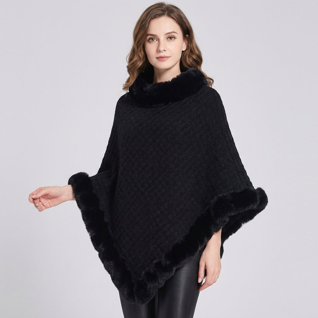 Kvindernes Strikkede Poncho med Falsk Pelskant og Oversized Pasform