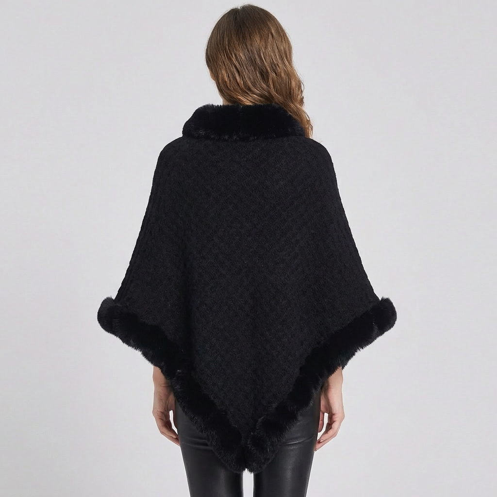 Kvindernes Strikkede Poncho med Falsk Pelskant og Oversized Pasform