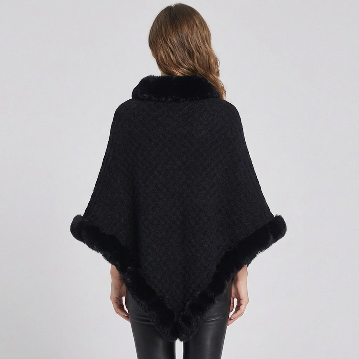 Kvindernes Strikkede Poncho med Falsk Pelskant og Oversized Pasform