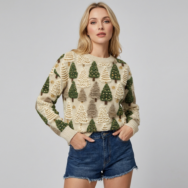 Kvinders strikket sweater med træmønster og rund halsudskæring