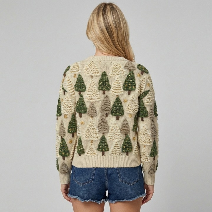 Kvinders strikket sweater med træmønster og rund halsudskæring