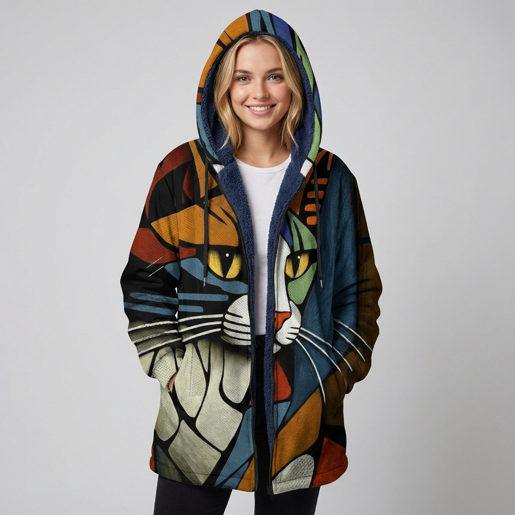 Unisex hættetrøje med lynlås og katteprint design