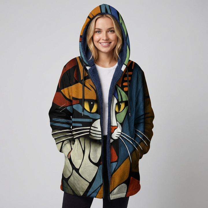 Unisex hættetrøje med lynlås og katteprint design