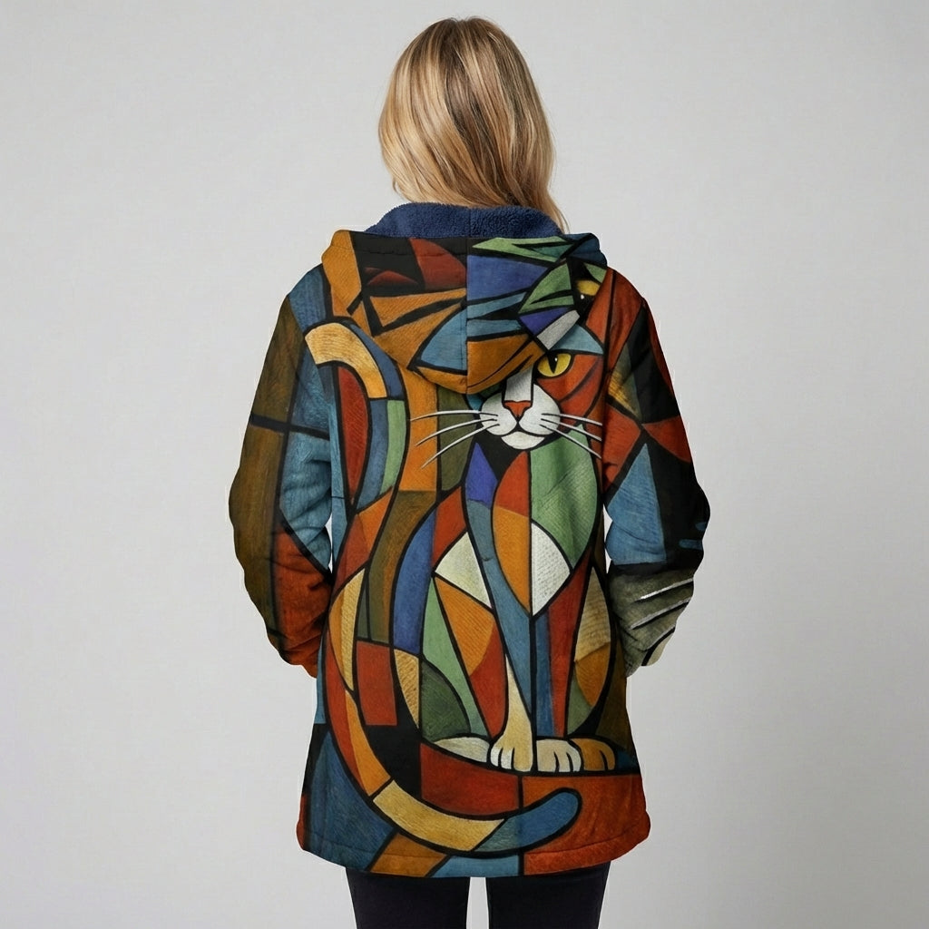 Unisex hættetrøje med lynlås og katteprint design