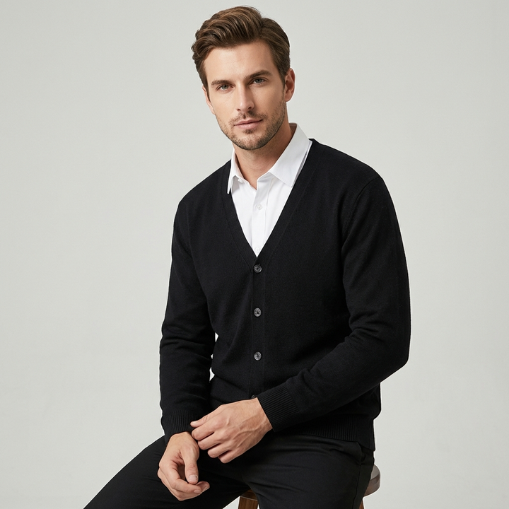 Herre V-hals knap-front cardigan – Klassisk striklag