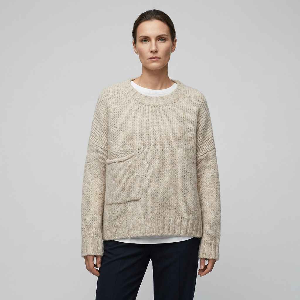 Overdimensioneret elfenbensfarvet sweater med lomme foran