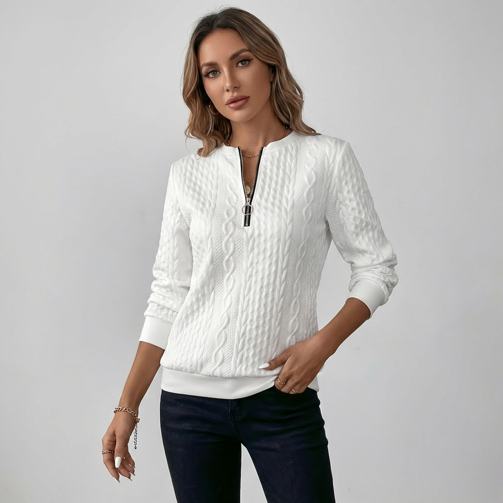 Kvinders Kabelstrik Pullover med Lynlås ved Halsen