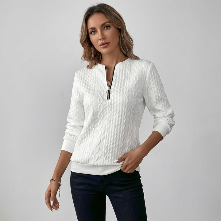 Kvinders Kabelstrik Pullover med Lynlås ved Halsen