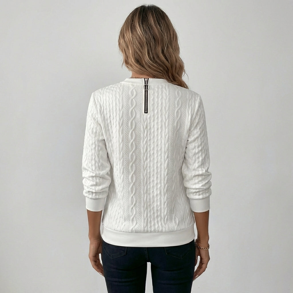 Kvinders Kabelstrik Pullover med Lynlås ved Halsen