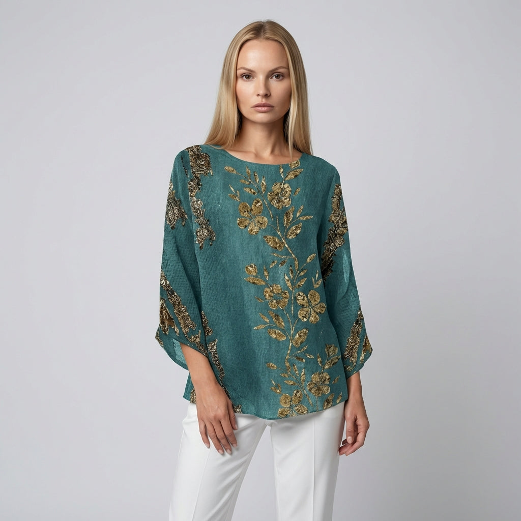 Gylden blomsterbluse med lange ærmer