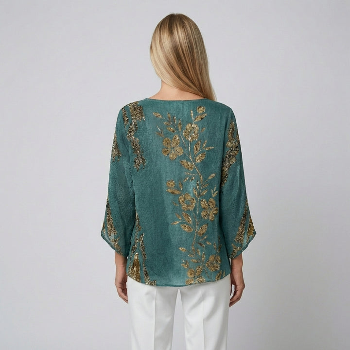 Gylden blomsterbluse med lange ærmer
