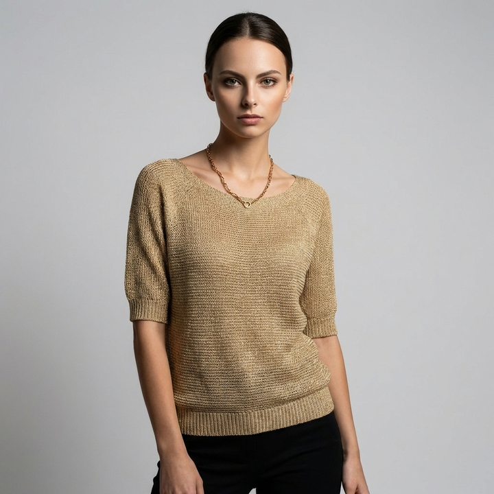 Khaki Strikket Sweater med Rund Hals og Halv Ærmelængde – Afslappet Hverdagsstil