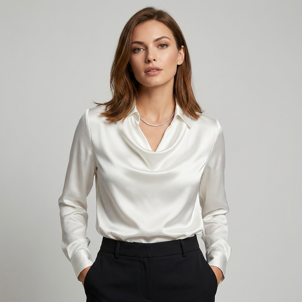 Dame Satin Bluse med Draperet Krave