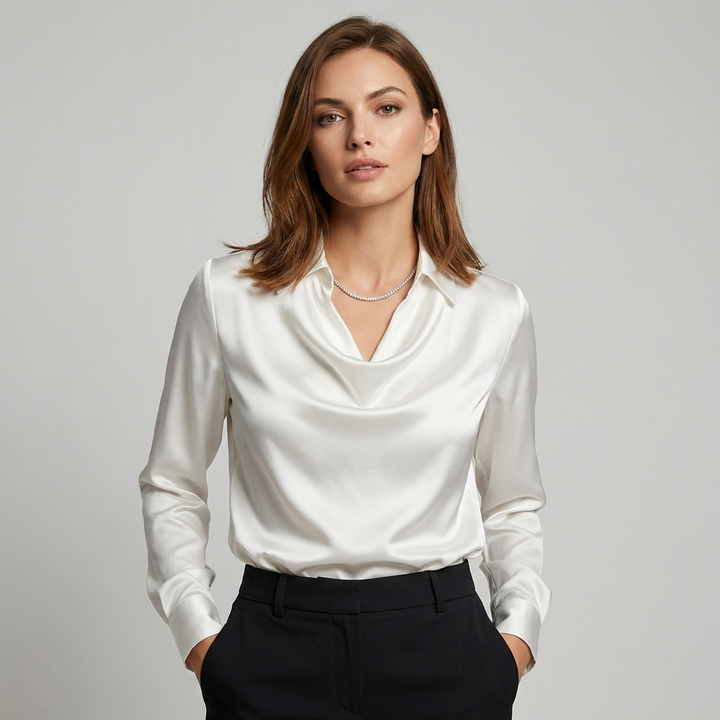 Dame Satin Bluse med Draperet Krave