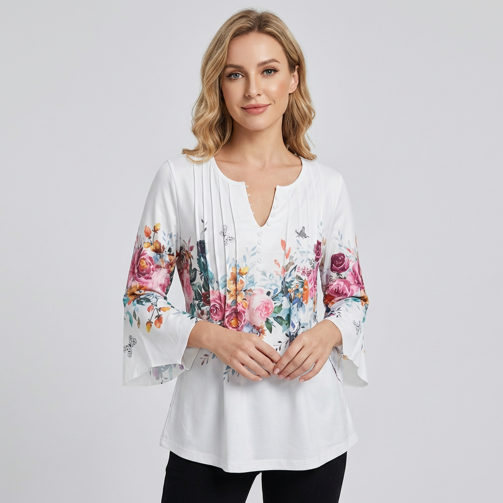 Damebluse med V-hals og blomsterprint