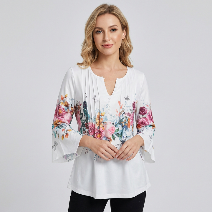 Damebluse med V-hals og blomsterprint