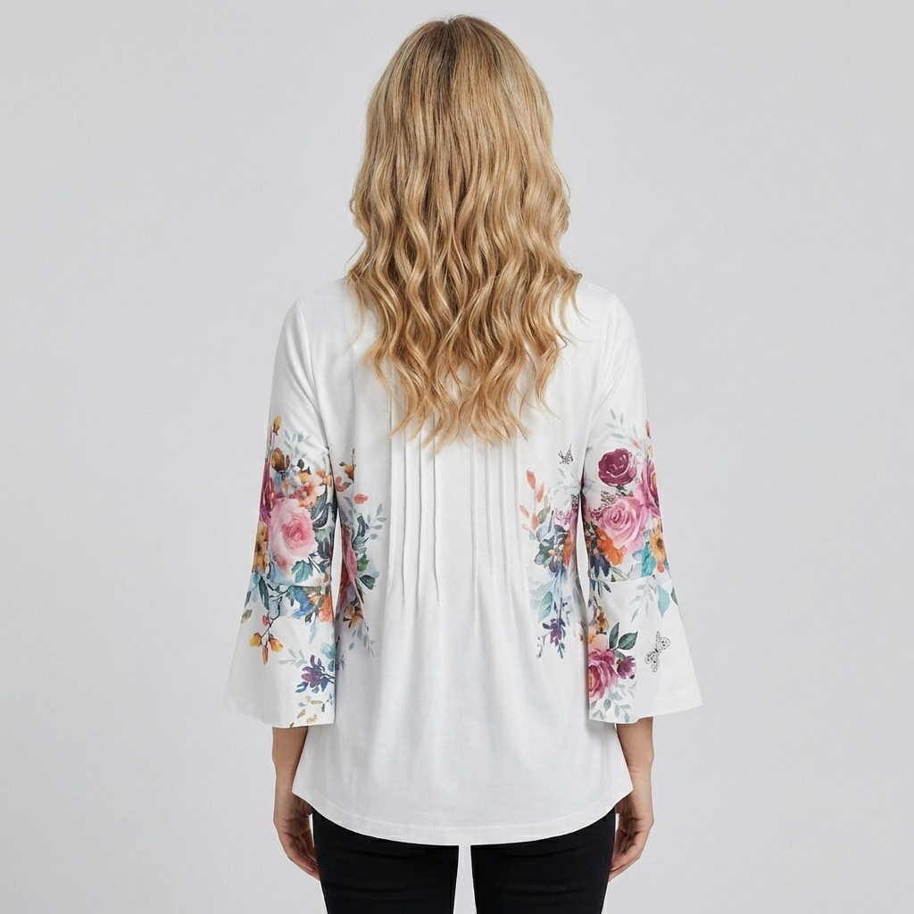 Damebluse med V-hals og blomsterprint