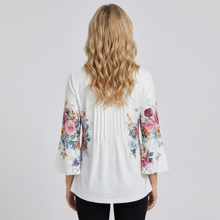 Damebluse med V-hals og blomsterprint